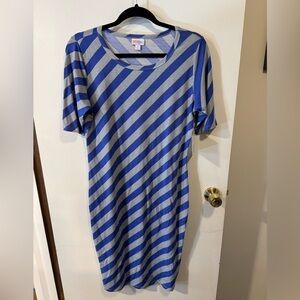 NWT LuLaRoe Julia Dress Blue and Gray Stripes Size Medium